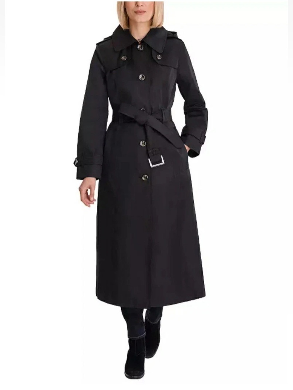 London Fog Trench Coat Womens Small Maxi Black Hooded NWT Winter Essential Gift